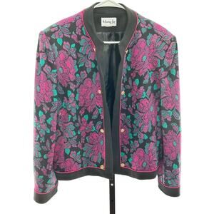 VTG Henry Lee Black/Purple Tapestry Stretch Knit Button Blazer Sz XL-1X 1980's
